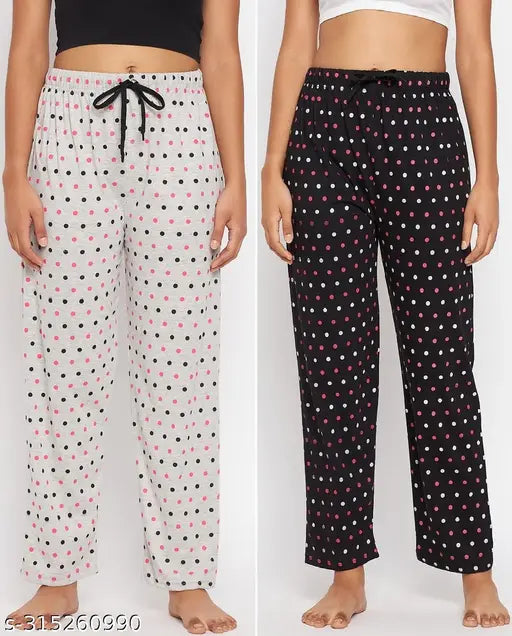 Grey and black women's night pants with a pink polka dot pattern
