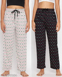 Grey and black women's night pants with a pink polka dot pattern