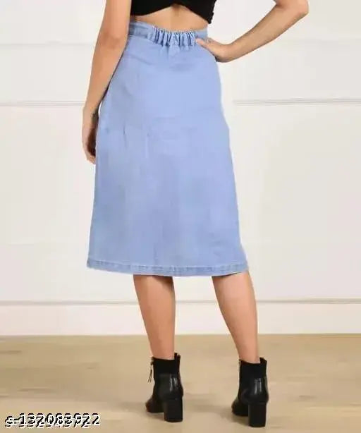 Blue denim western skirt, frayed hem, knee length