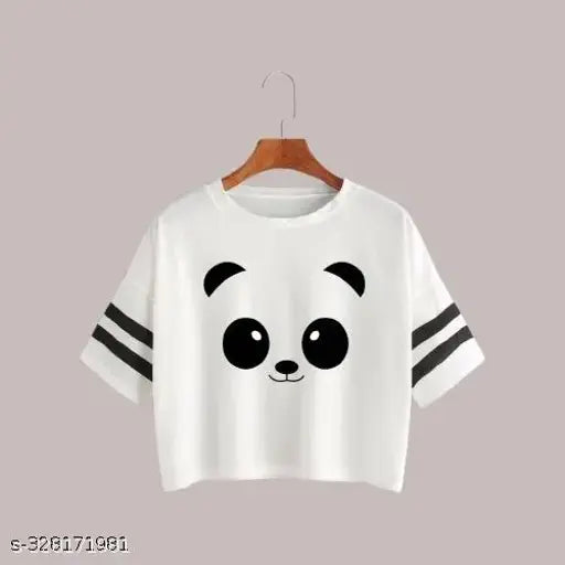 P C White Panda Eye cotton blend short sleeves print net fashion tee for women & girls, Indian origin