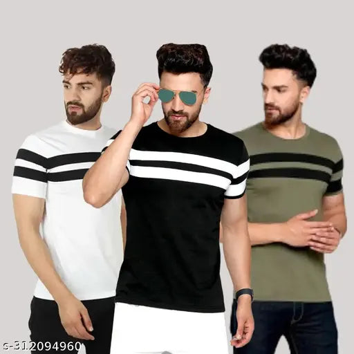 Striped cotton, fashionable short sleeve round neck men's t-shirt pack of 3 on display