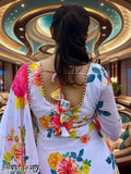 Premium quality lace dupatta white gown with red and yellow flowers, georgette fabric, long sleeves party wear for women and girls