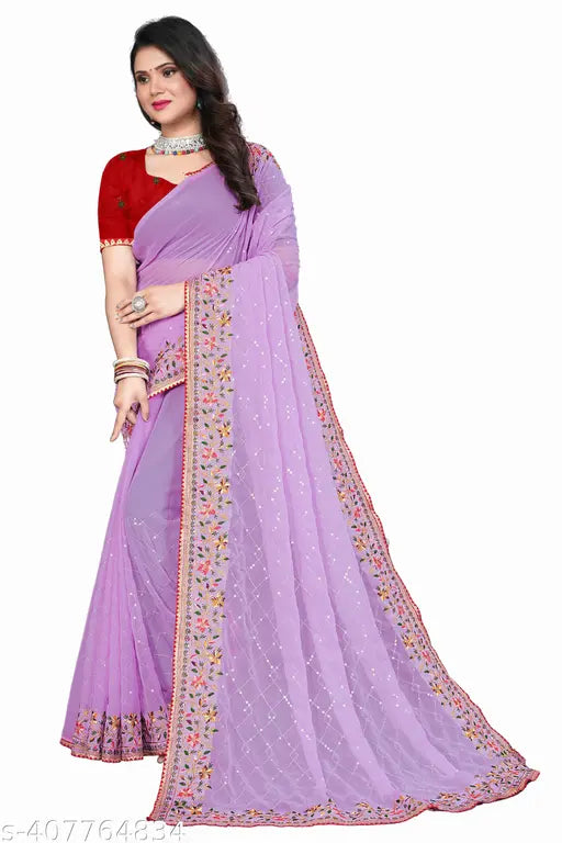 Purple silk saree with heavy sequin and embroidery work