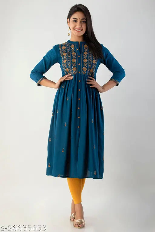 Newly arrived embroidered rayon kurta, long length, yellow trim