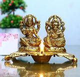 Brass Golden Metal Handcrafted Lakshmi-Ganesha Idols with Diya - Indian decor for puja room, home office, or temple. Perfect gift for Diwali and housewarmings