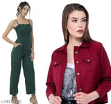 Stylish rayon mehndi jumpsuit with maroon jacket, Indian traditional fashion piece for women's ethnic wear