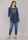Teal blue rayon embroidered short kurti, three-quarter sleeve fashion top for women, Indian-made latest trending top