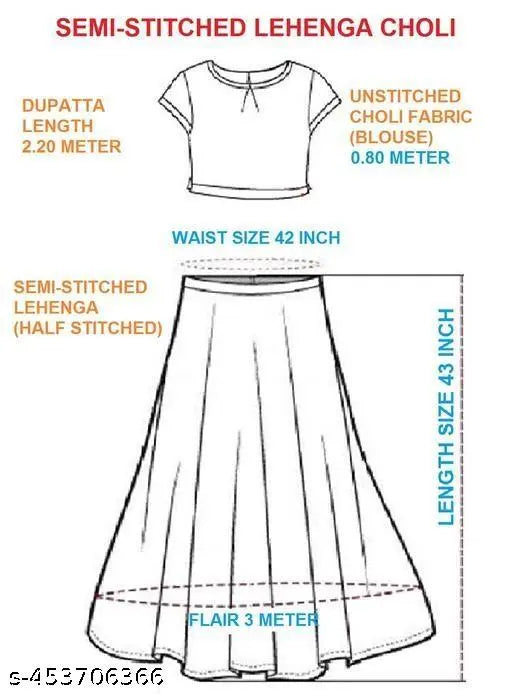 Trendy satin-blend semi-stitched Bollywood style lehenga choli with embellished dupatta, free size (42" waist, 43" length)