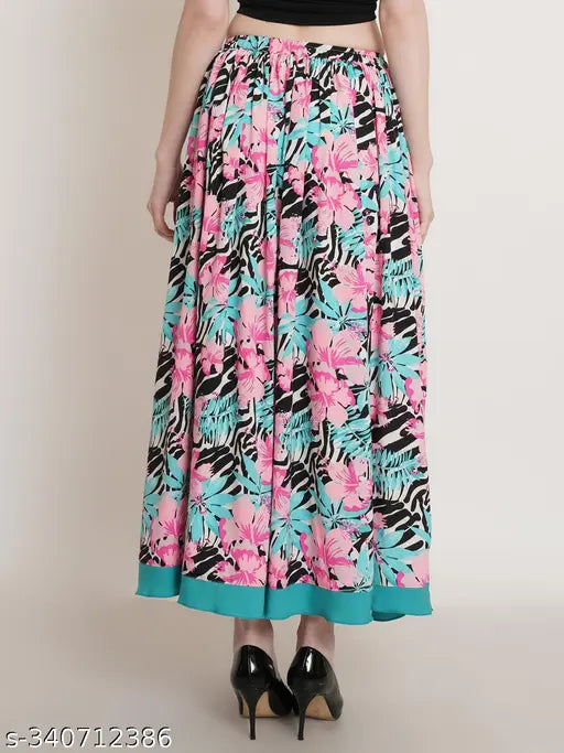 Multicolor polycrepe tropical floral printed maxi skirt for women, featuring elastic and drawstring waist adjustment, home washable