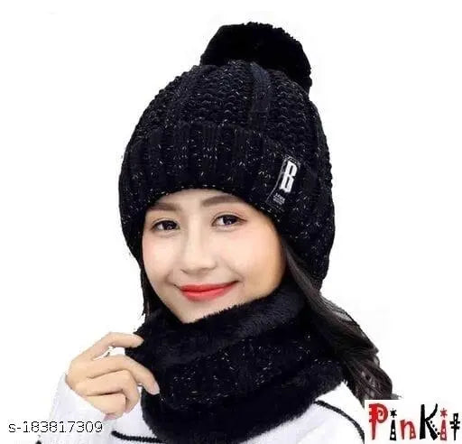Black pom beanie hat, knitted skull cap, fleece-lined, winter accessory set for girls