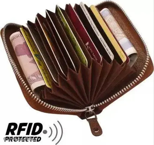 Black Leatherite RFID-blocking card holder with 11 slots, ideal for storing up to 15 cards and small bills. Textured design, compact size, and customized gift box make it a great gift option