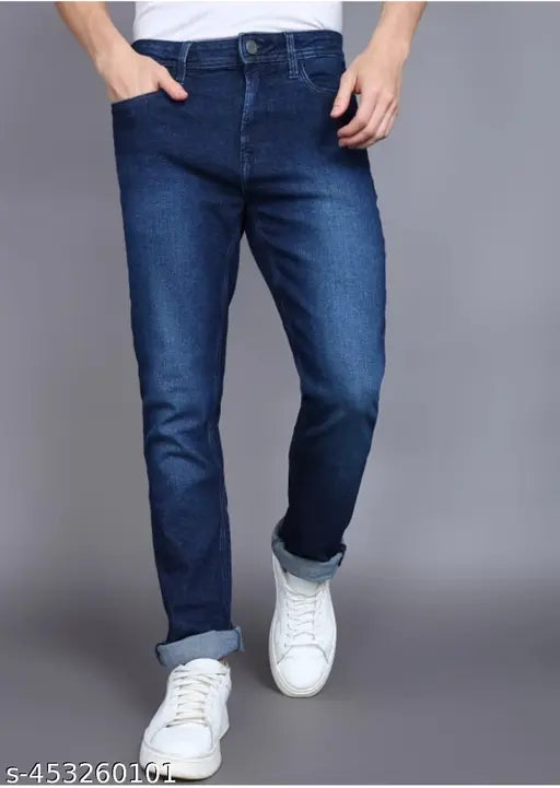 Premium blue denim jeans with classic five pocket design