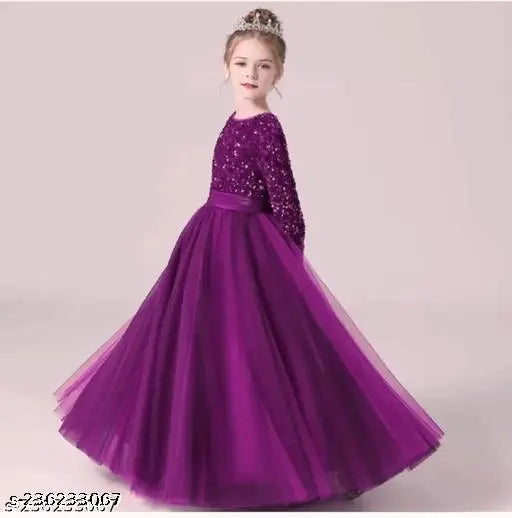 Pink net and sequin full-length gown dress for kids (5-16 years), beautifully embroidered and perfect for parties or special occasions. Made in India