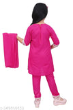 Embroidered rayon kurta set-Rani with dhoti pants and matching dupatta for girls, featuring three-quarter sleeves and knee length tops in various sizes from 3-4 years to 9-10 years. Made in India