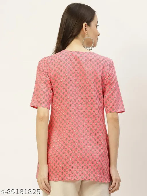 Pink, pure cotton Jaipuri floral print V-neck wrap top with three-quarter sleeves. Women's ethnic wear for casual and bohemian styles, hand dyed and embroidered in India