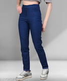 Dark blue stretchable premium denim jeans, baggy cut, elastic waistband, ankle cuffs, plus size, women's casual wear