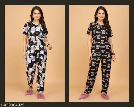 Printed polycotton women's nightsuits set, pack of 2 for comfortable sleepwear
