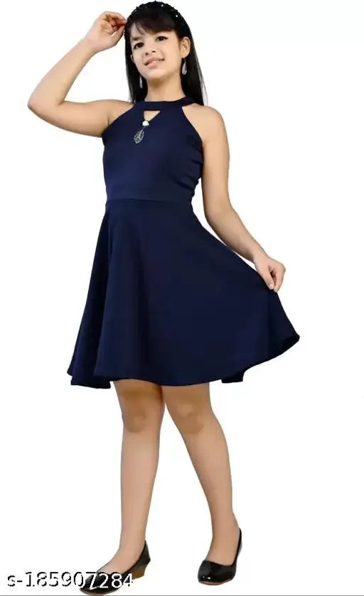 Agile Funky Girls Navy Blue Cotton Blend Knee Length Dress Sleeveless Fit And Flare Solid Navy Blue Casual And Partywear