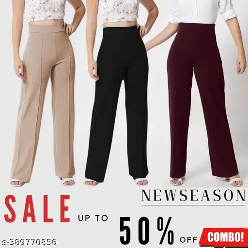 Cotton blend solid color high-rise bell-bottom trousers combo of 3 for women - India
