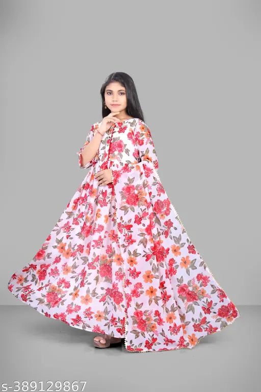 Premium cotton blend girls' gown with printed net, perfect for parties at ages 12 years. Indian-made, elegant attire for special occasions