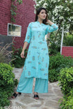 Rayon embroidered kurta with palazzos, printed net pattern, three-quarter sleeves. Women's ethnic Indian wear from India