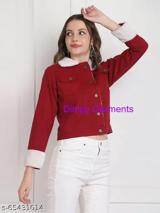 Maroon twill denim fur jacket, women's comfort fit from Dimpy Garments - long sleeves, spread collar, snap button closure, solid pattern