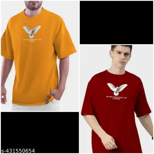 Stylish round neck printed cotton t-shirt combo for men, short sleeves, vibrant design. Two pieces in sizes M, L, XL from Indian brand S N Apparels