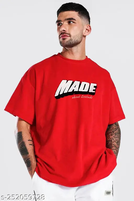 Red cotton blend round short sleeve LEOTUDE men's placement print t-shirt with "Just Roar!!", casual wear for any occasion. Made in India