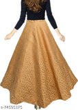 Gold jacquard Zari woven net skirt, flared design with full inner, semi-stitched style, free size (waist: 40in, length: 40in, hip: 40in), made in India