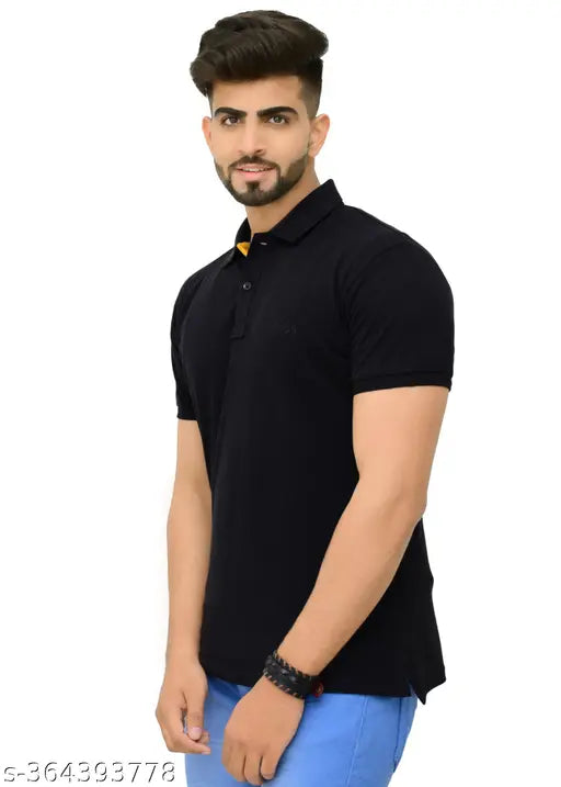 3BROS Solid Polo Neck Short Sleeves Cotton Blend Black Stylish Fashionable & Comfortable Trendy Graphic Mens T-shirts