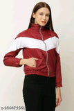 Maroon polyester women's jacket with long sleeves, solid design, XS-M sizes available on a hanger from India