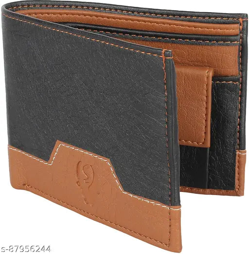 Striped PU Leather Bi-fold Wallet for Men - Indian-made, compact design with 9 card slots, 2 currency pockets, secret compartments, coin pocket, transparent ID window, & zippered interior for essentials