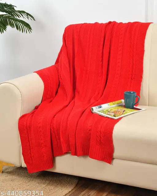Red knitted cotton HomewayTex Blossom Throw, generous size 130x180cm/52x70", versatile design perfect for sofa or bed