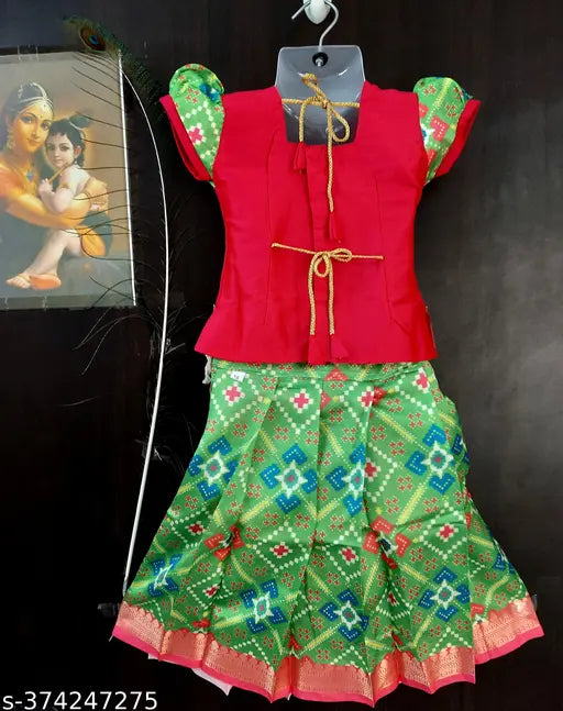 Silk bandhani-embroidered lehenga choli & pattu pavadai, kids traditional wear for all occasions like weddings or festivals