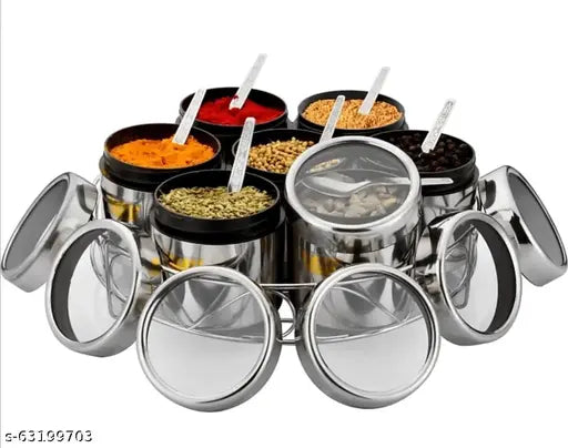 Stainless steel multipurpose spice box, set of 7, includes condiments jar, masala dabba, dry fruits jar, wire stand, spices storage