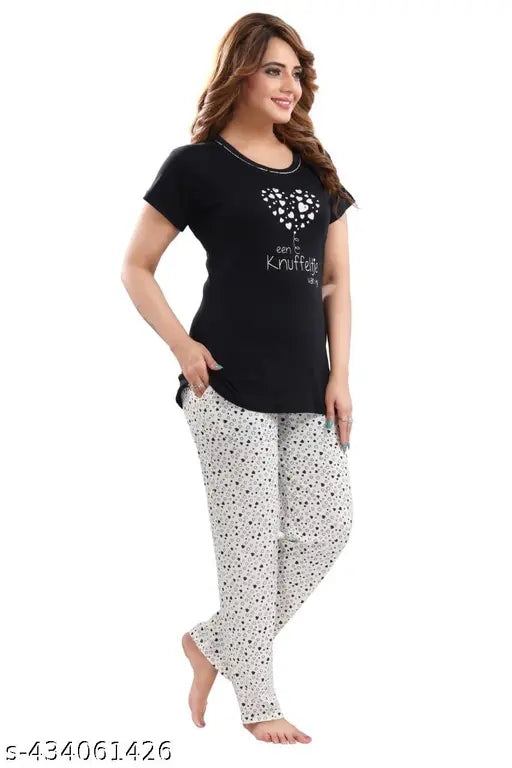Printed cotton nightsuit with short sleeves, hosiery fabric, featuring a vibrant net pattern. Available in sizes M-XXL
