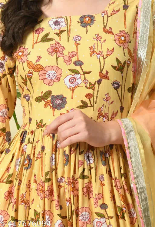 Yellow floral rayon kameez and sharara set with dupatta