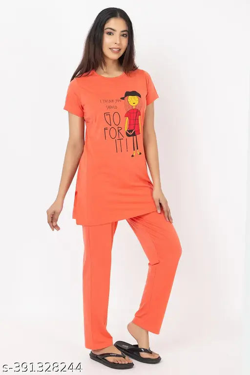 Stylish orange cotton pyjamas with beautiful print for women, premium quality Indian-made night suit