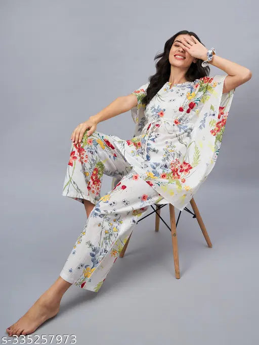 WineRed women's white floral print cotton kaftan pyjama set, featuring short sleeves and adjustable drawstring. Includes free scrunchie, originates from India