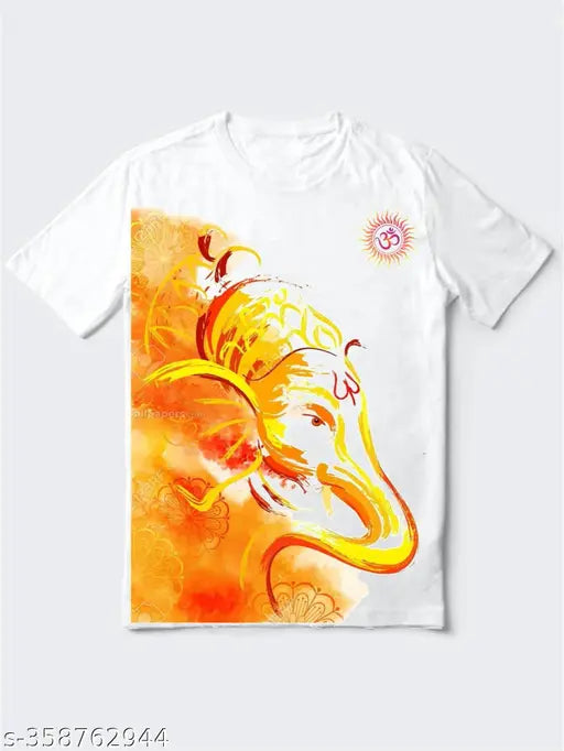 Ganesha festival T-shirts, printed polyester with short sleeves, featuring various deities like Shiva, Hanuman, Ganapathi, Durga maa. Indian traditional wear for celebrations