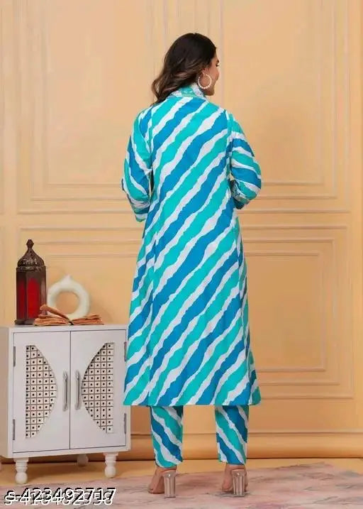 Blue Leheriya Printed Rayon Anarkali Kurta with Palazzo Set, three-quarter sleeves, vibrant design, for women's ethnic wear and festive occasions