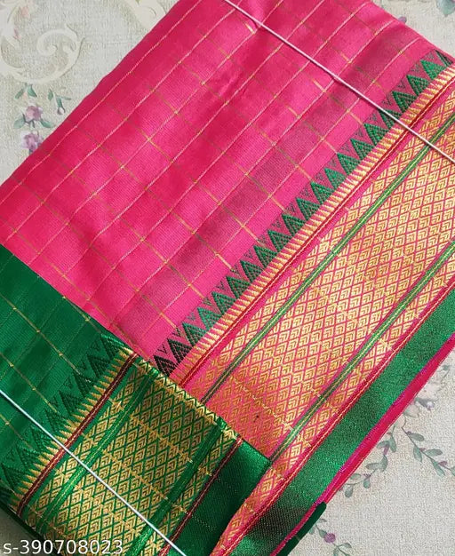 Banarsi Silk Mini Check Paithani Saree, cotton-silk blend with zari woven net, contrast color anchal and blouse