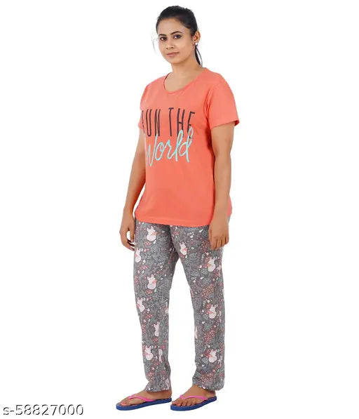 Cotton printed top and pyjama set for women, short-sleeved, vibrant design, size S (17in bust, 25in length)