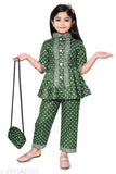 Festive rayon kurta set with hand bag for girls, Indian ethnic fashion featuring printed A-line top and salwar bottom