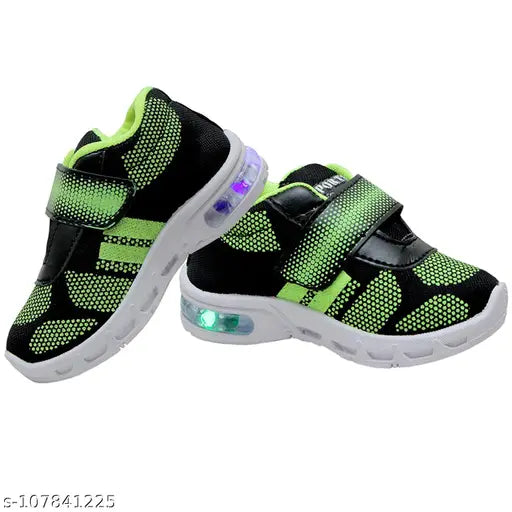 PGREEN kids EVA running shoes with LED lights, vibrant and casual design, ideal for parties or sports. Upper made of high-quality resin leather. Available sizes: 12-18 Months (13 Cms), 18-24 Months (13.5 Cms), 2-2.5 Yrs (14 Cms), 2.5-3 Yrs (14.5 Cms), 3-3.5 Yrs (15 Cms). Made in India