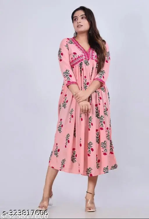 Rose print rayon anarkali kurti, trendy, women's ethnic wear midi gown for parties and festivities