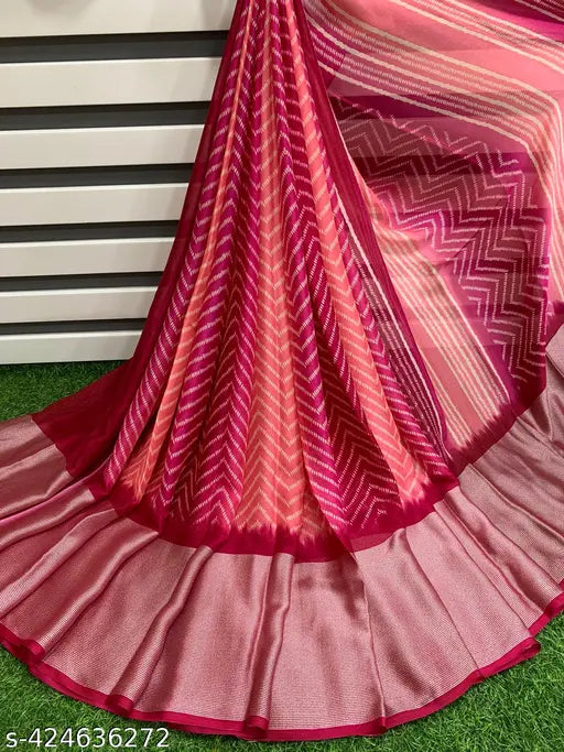 Moss chiffon zigzag print saree with contrast blouse, soft and smooth, premium quality, South Indian style