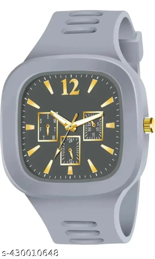 Grey silicone sports watch with yellow hands, 3 buttons, digital display, black strap