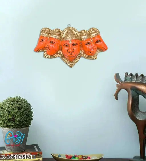 Orange resin Panchmukhi Hanuman Ji statue, decorative home accessory with protective qualities against evil eye, 17 cm wide
