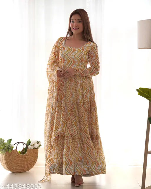 Georgette Anarkali Gown set with dupatta, vibrant zigzag print, festive Diwali outfit for women